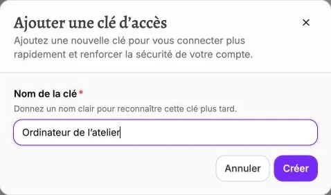 Une clé d’accès nommée Ordinateur de l’atelier avant sa création.