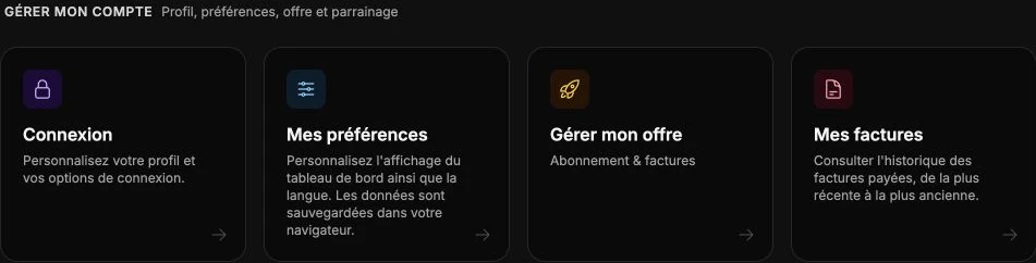 Les raccourcis vers la connexion, les préférences, l’offre et les factures.