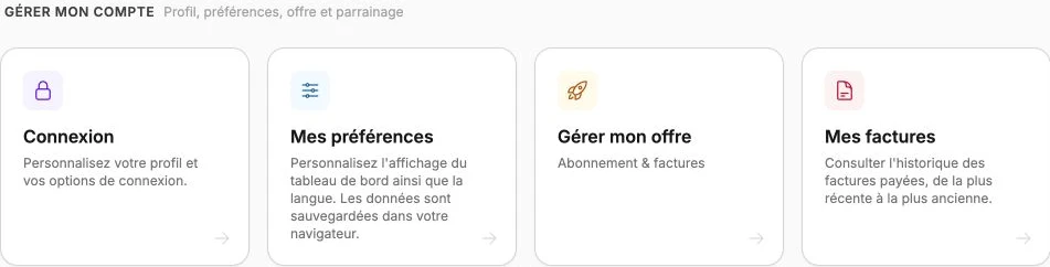 Les raccourcis vers la connexion, les préférences, l’offre et les factures.