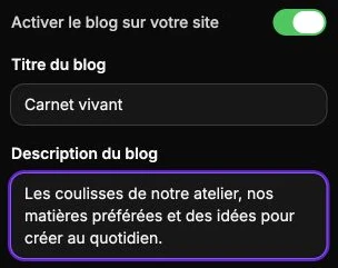 Le blog Carnet vivant avec son titre et sa description renseignés.