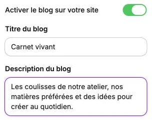 Le blog Carnet vivant avec son titre et sa description renseignés.