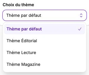 Les thèmes Par défaut, Éditorial, Lecture et Magazine.