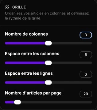 Une grille de trois colonnes et vingt articles par page.