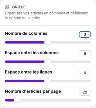 Une grille de trois colonnes et vingt articles par page.