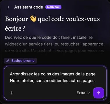 Une demande saisie dans l’assistant pour arrondir les images de la page Notre atelier.