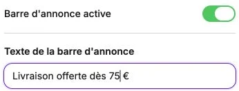 Une annonce active indiquant la livraison offerte dès 75 €.