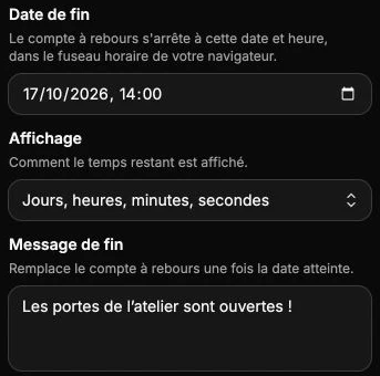 Un compte à rebours avec une date de fin, un format d’affichage et un message personnalisé.
