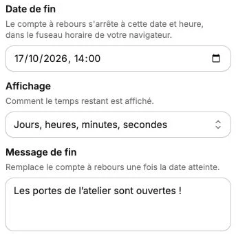 Un compte à rebours avec une date de fin, un format d’affichage et un message personnalisé.