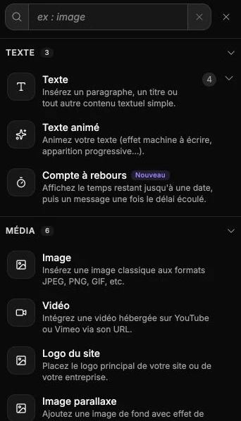 La bibliothèque des éléments Texte et Média avec leurs descriptions.