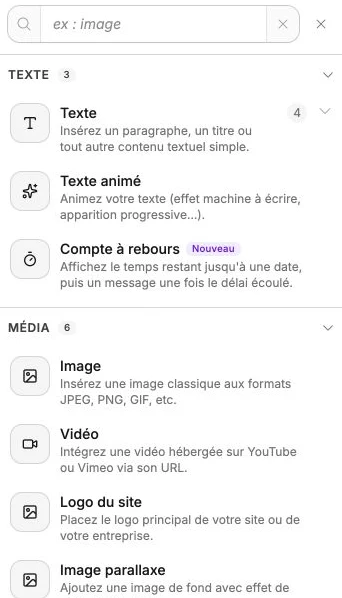 La bibliothèque des éléments Texte et Média avec leurs descriptions.