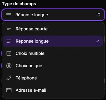 Les six types de champs disponibles dans un formulaire.