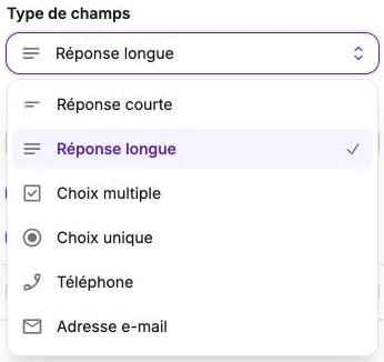 Les six types de champs disponibles dans un formulaire.