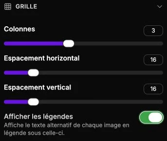 Une galerie de trois colonnes avec des espacements de 16 et les légendes activées.