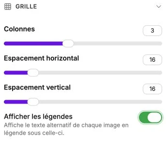 Une galerie de trois colonnes avec des espacements de 16 et les légendes activées.