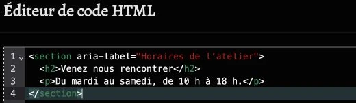 Un court extrait HTML pour présenter les horaires de l’atelier.
