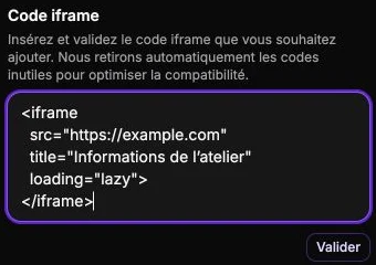 An example iframe snippet entered before validation.