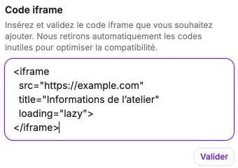An example iframe snippet entered before validation.
