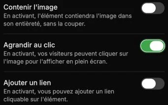 Les options de cadrage, d’agrandissement au clic et de lien d’une image.