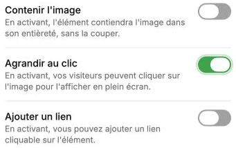 Les options de cadrage, d’agrandissement au clic et de lien d’une image.
