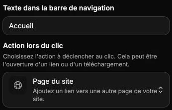 Le libellé Accueil et l’action Page du site d’un lien de navigation.