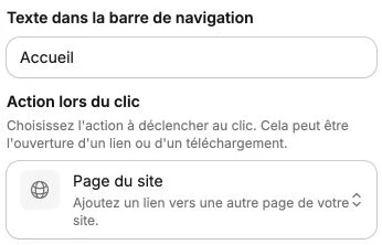 Le libellé Accueil et l’action Page du site d’un lien de navigation.