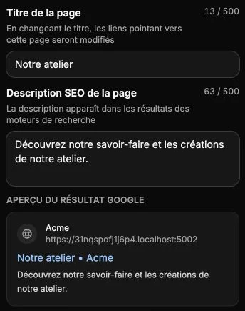 Le titre et la description de la page Notre atelier, avec son aperçu dans Google.