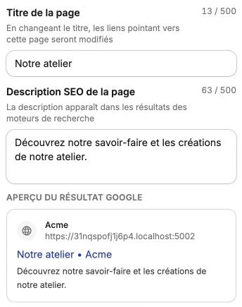 Le titre et la description de la page Notre atelier, avec son aperçu dans Google.