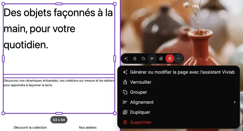Une sélection terminée : les deux textes sont encadrés et le menu d’actions est ouvert.