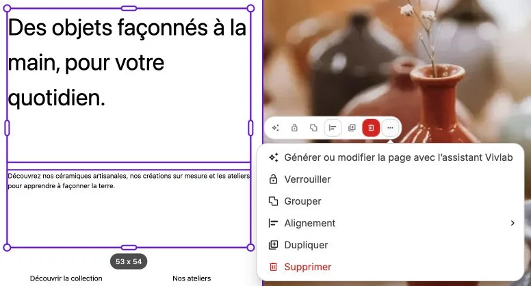 Une sélection terminée : les deux textes sont encadrés et le menu d’actions est ouvert.