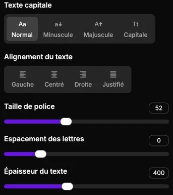 Text case, alignment, size, letter spacing and weight settings.
