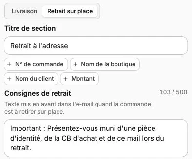 Les consignes spécifiques au retrait sur place dans la confirmation de commande.