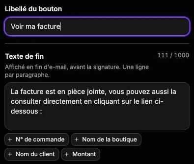 Le libellé du bouton et le texte de fin personnalisables, avec les variables disponibles.