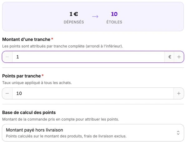 Dix étoiles gagnées par euro dépensé, hors frais de livraison.