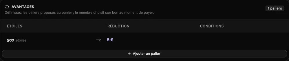 Un palier échange 500 étoiles contre une réduction de 5 €.