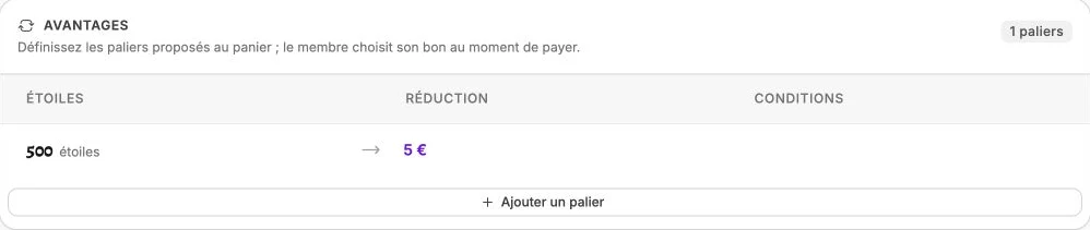 Un palier échange 500 étoiles contre une réduction de 5 €.