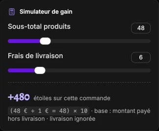 Le simulateur attribue 480 étoiles pour 48 € de produits, sans les 6 € de livraison.