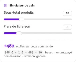 Le simulateur attribue 480 étoiles pour 48 € de produits, sans les 6 € de livraison.