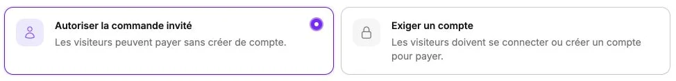Le choix entre commande invité et compte obligatoire.