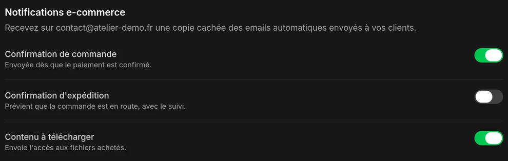 Le groupe Notifications e-commerce, avec la copie des confirmations d'expédition désactivée.
