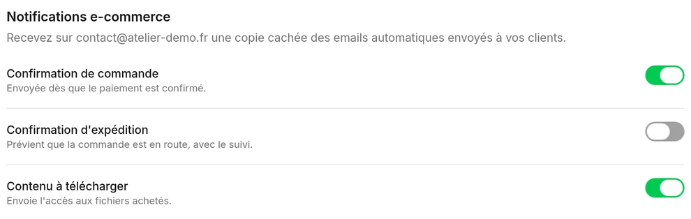 Le groupe Notifications e-commerce, avec la copie des confirmations d'expédition désactivée.