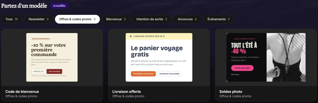 La galerie Offres & codes promo avec les modèles Code de bienvenue, Livraison offerte et Soldes photo.
