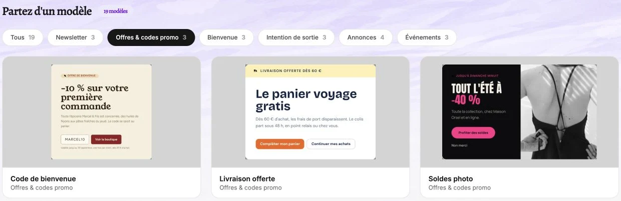 La galerie Offres & codes promo avec les modèles Code de bienvenue, Livraison offerte et Soldes photo.