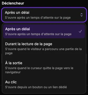 Le menu propose les déclencheurs après un délai, durant la lecture, à la sortie ou au clic.