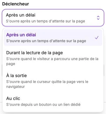 Le menu propose les déclencheurs après un délai, durant la lecture, à la sortie ou au clic.