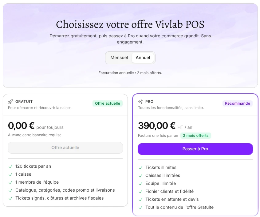 Les offres Gratuit et Pro, en facturation annuelle.