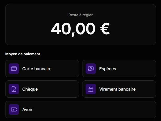 Le reste à régler de 40 € et les cinq moyens de paiement.