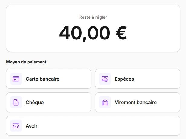 Le reste à régler de 40 € et les cinq moyens de paiement.