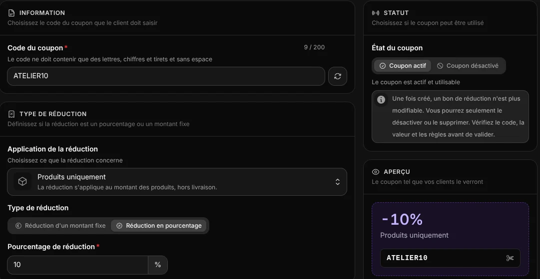 Un coupon ATELIER10 de 10 % sur les produits, avec son aperçu.