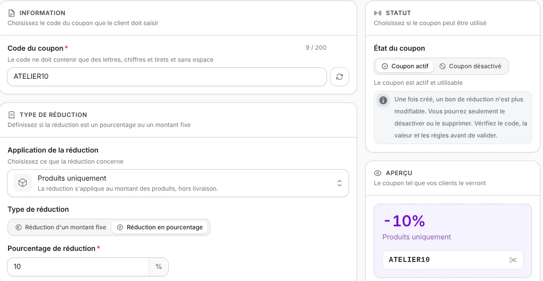 Un coupon ATELIER10 de 10 % sur les produits, avec son aperçu.