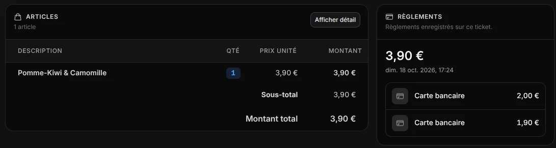 Le détail d'un ticket : l'article vendu et deux règlements par carte.